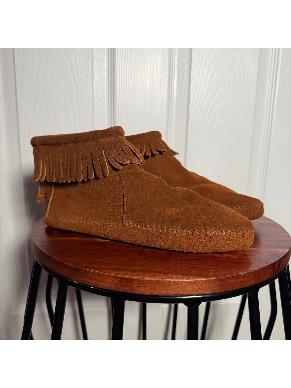 Minnetonka Back Zip Softsole Boot #182 Brown Suede Fringe Moccasins Booties